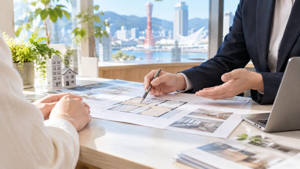 窓辺の都市を望む不動産相談