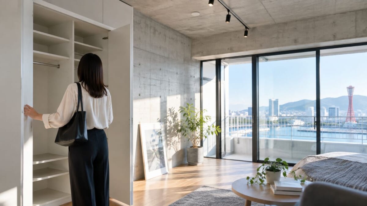 港を望むミニマルな部屋と女性