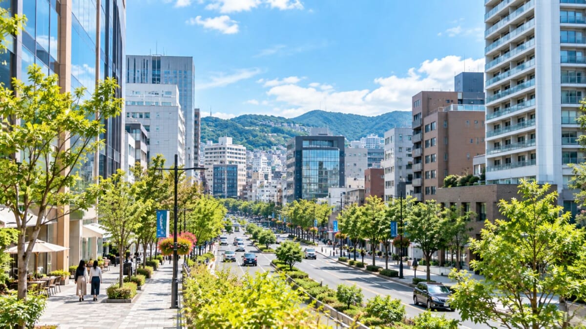 青空と緑に包まれた都市大通り