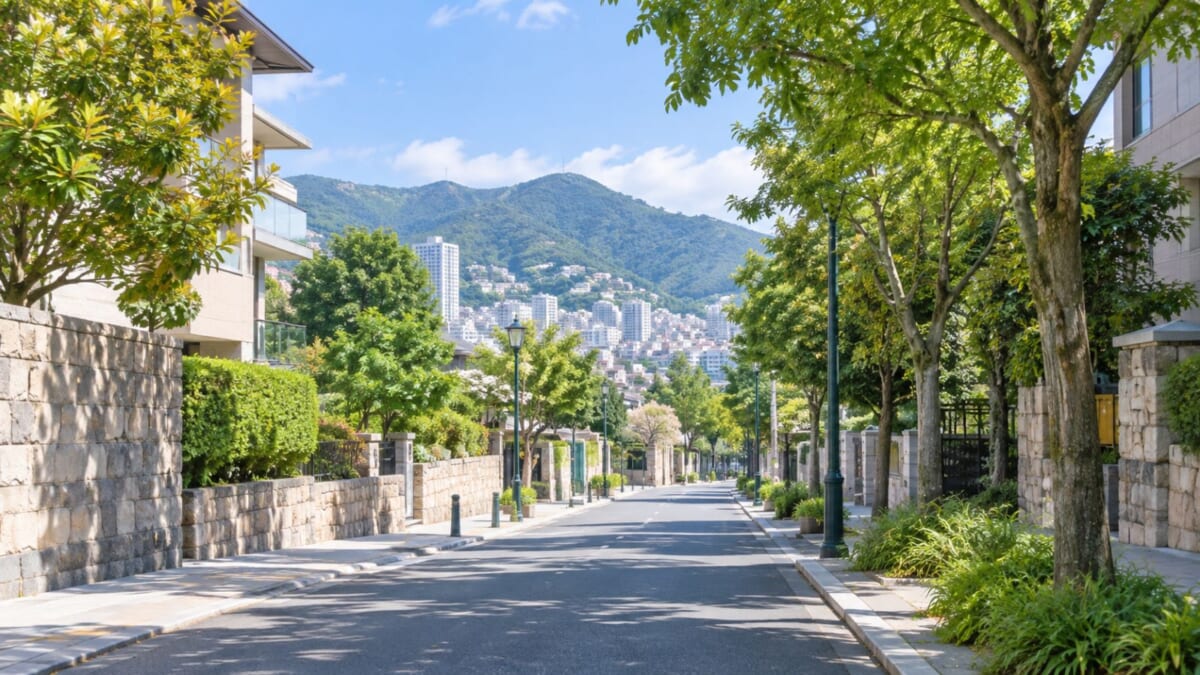 緑豊かな坂道と遠景の街並み