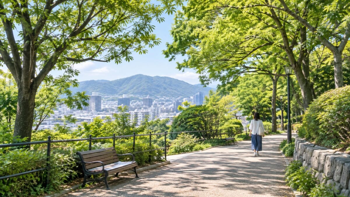 緑陰の遊歩道と街並み展望