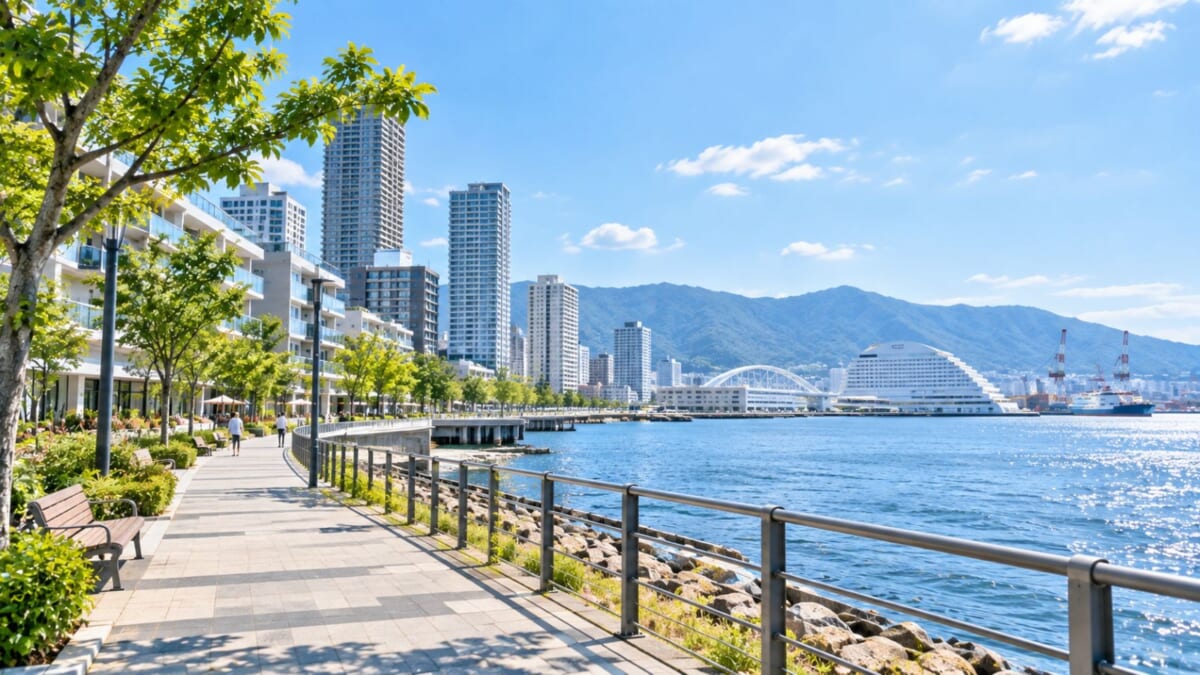 晴れ渡る港の街並みと遊歩道