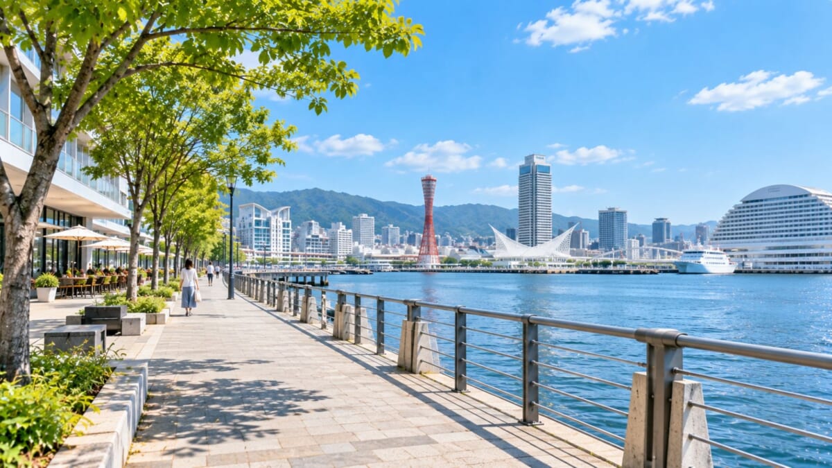 晴れた港の都市プロムナード