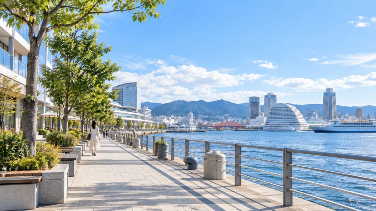 晴れた港のプロムナードと都市景観