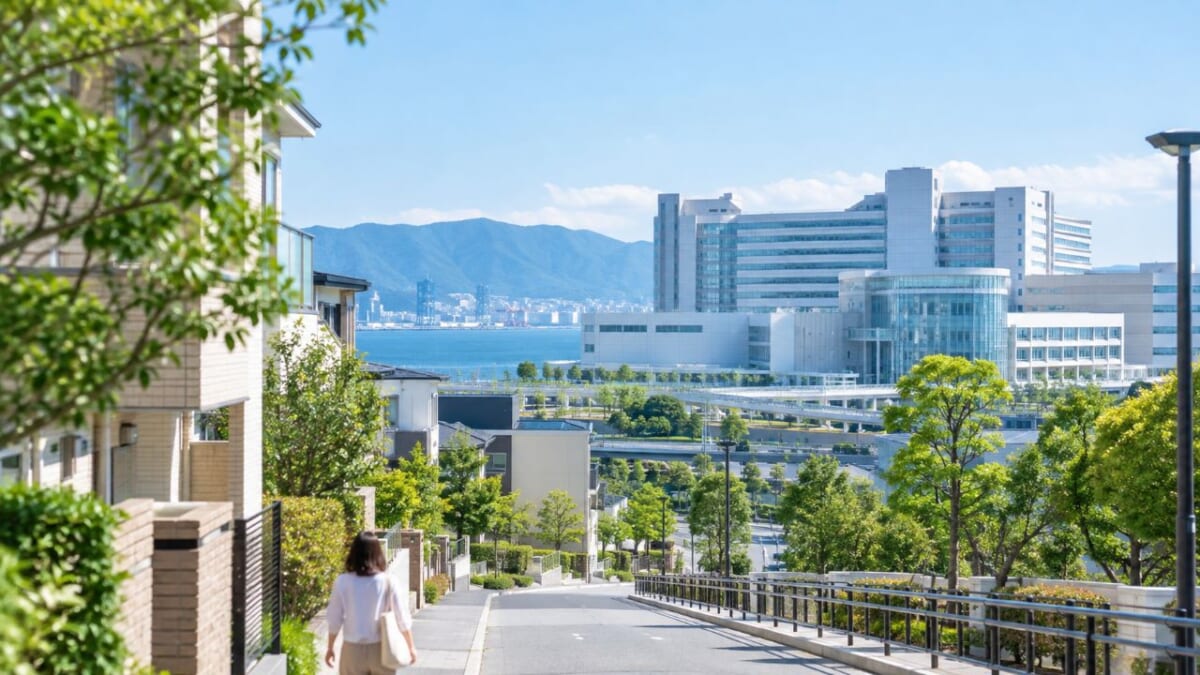 海辺の街へ続く坂道と近代的な複合施設