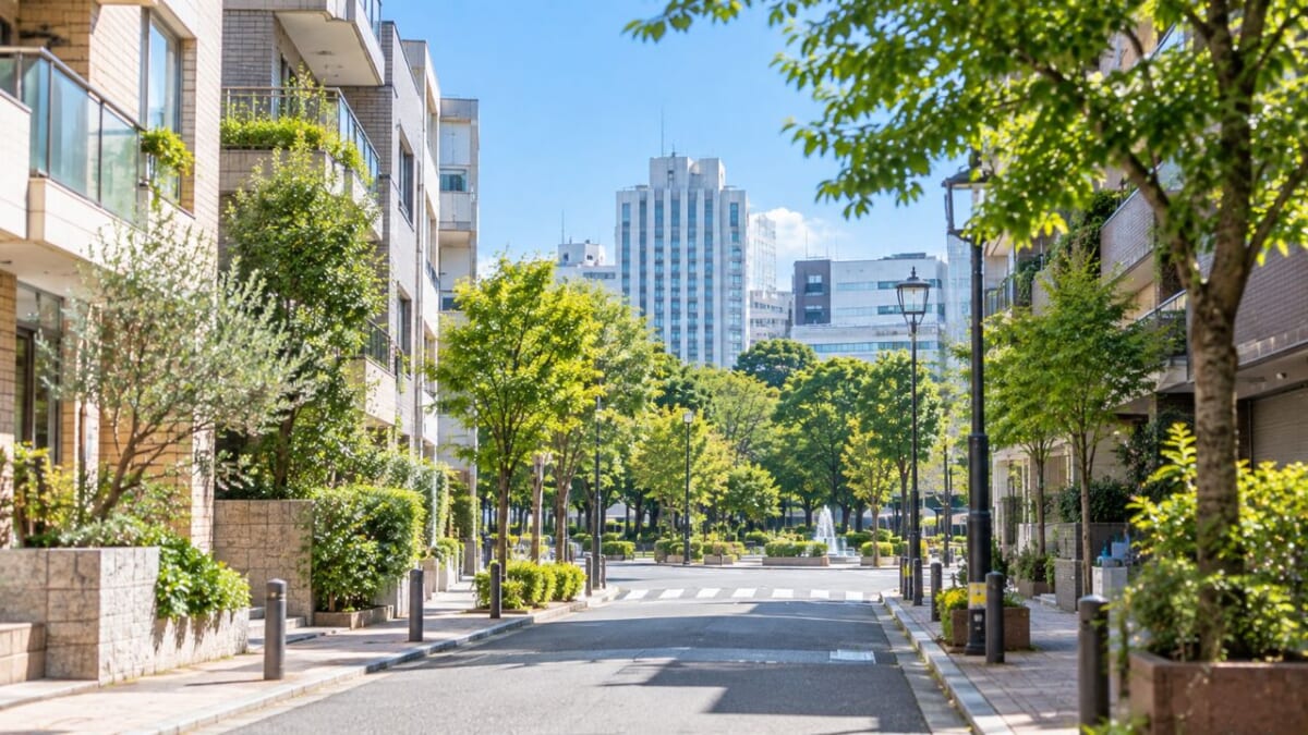 緑に囲まれた静かな都会の街路