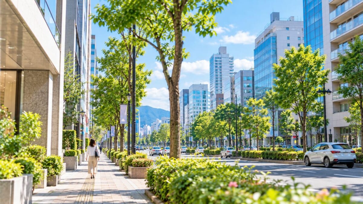 緑豊かな現代都市の並木道