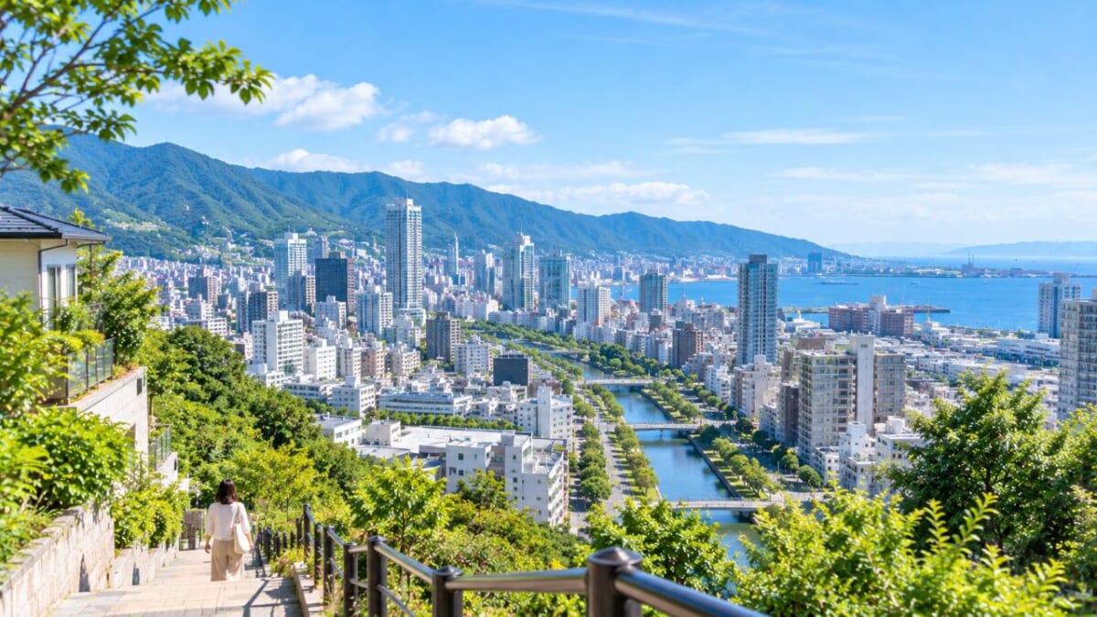 山と海を望む港町の街並み