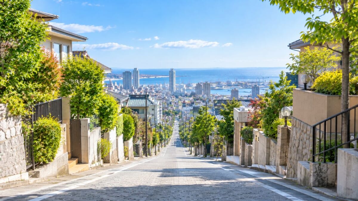 海を望む坂道と港町