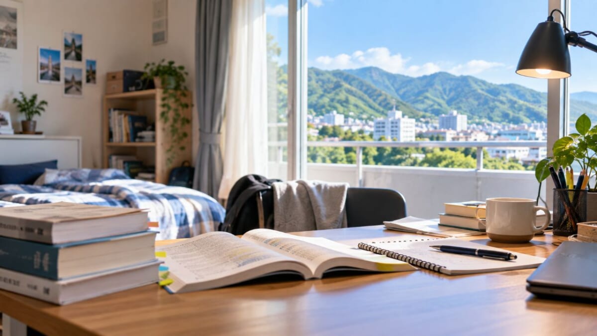 山と街を望む勉強机