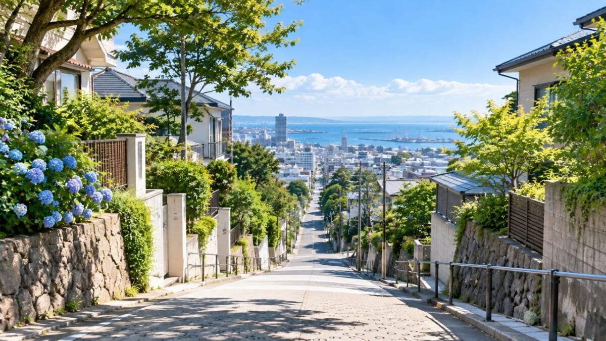 港を望む坂道と紫陽花