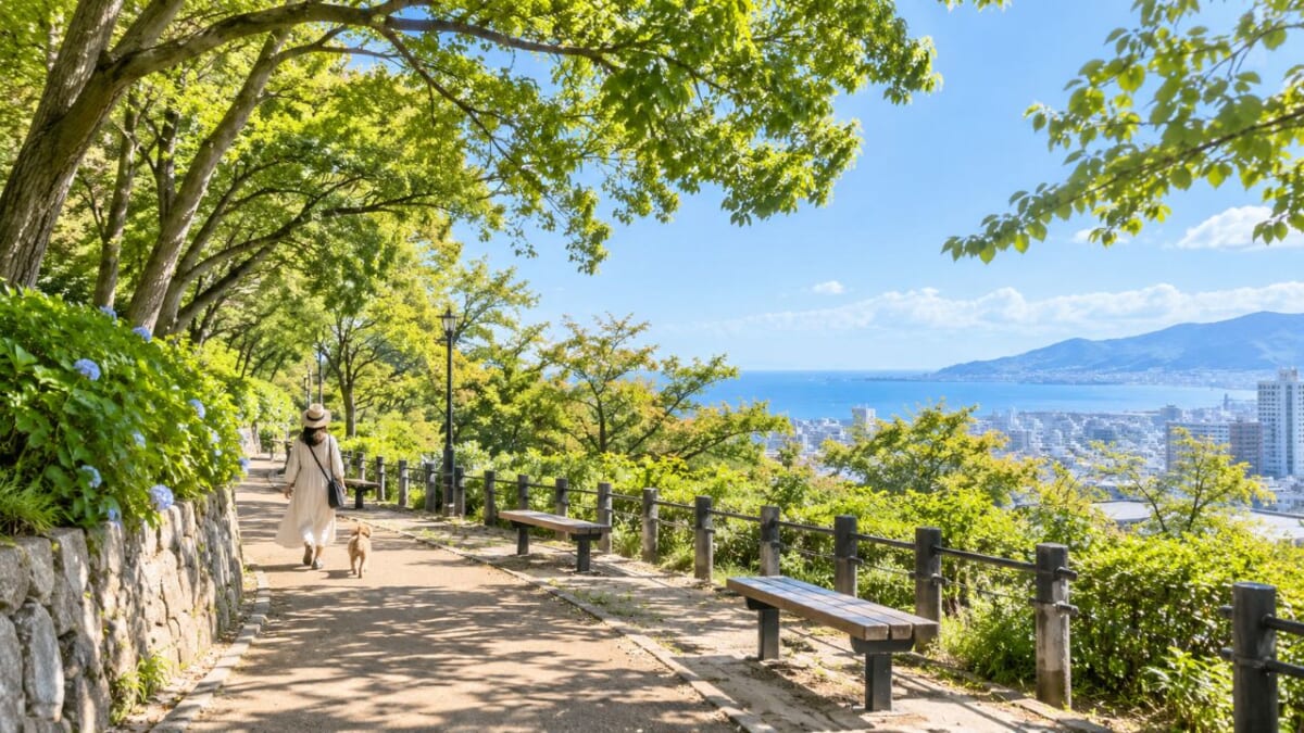 海と街を望む緑陰の散歩道