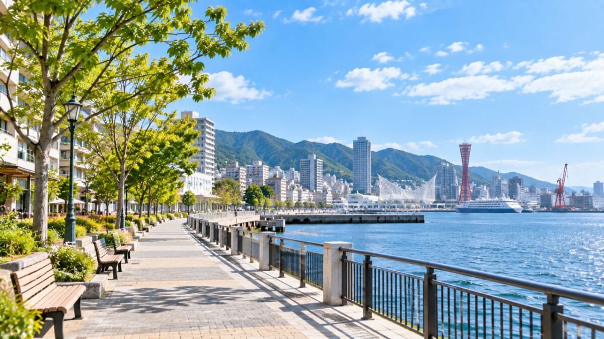 晴天の港町プロムナードと白い客船
