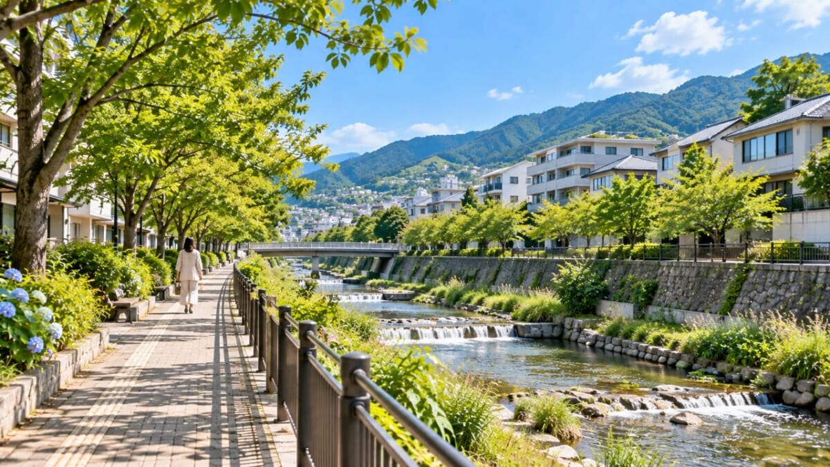 緑豊かな川辺の散歩道と山並み