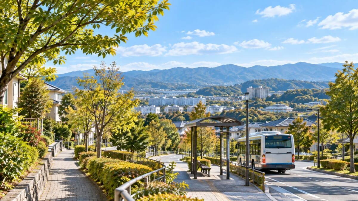 山並みを望む静かな街のバス停
