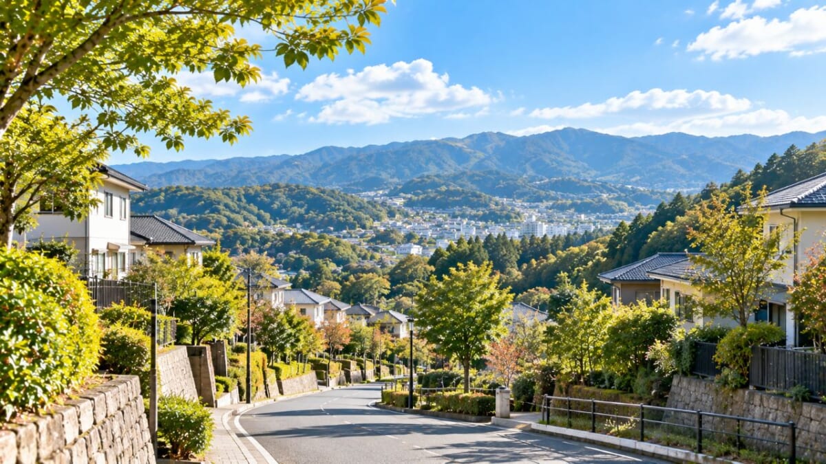 山あいの静かな住宅街眺望