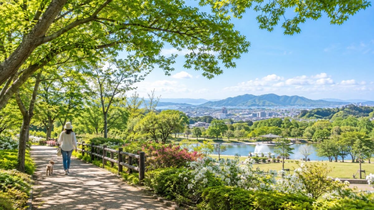 緑豊かな公園の絶景散歩道