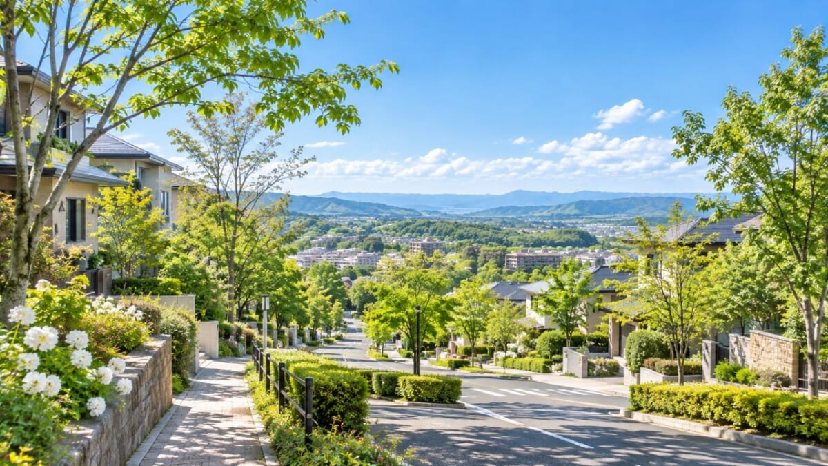 山々を望む緑豊かな丘の住宅街
