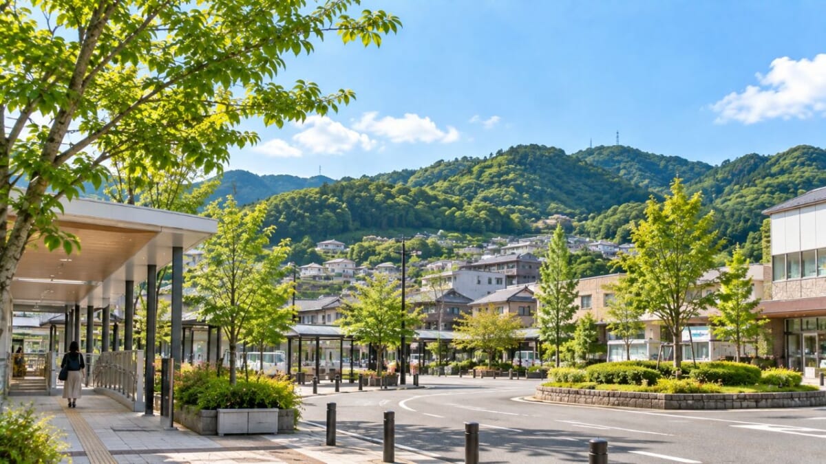 緑の丘に囲まれた駅前広場