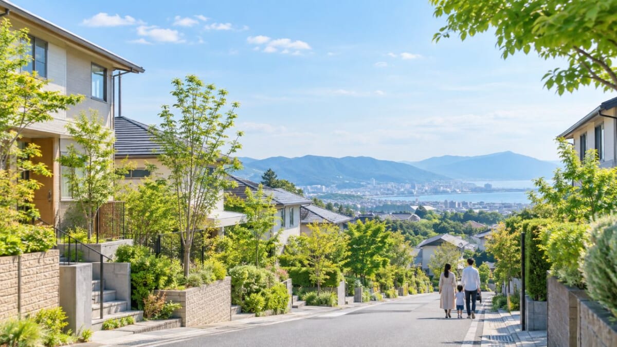海を望む丘の住宅街と家族の散歩