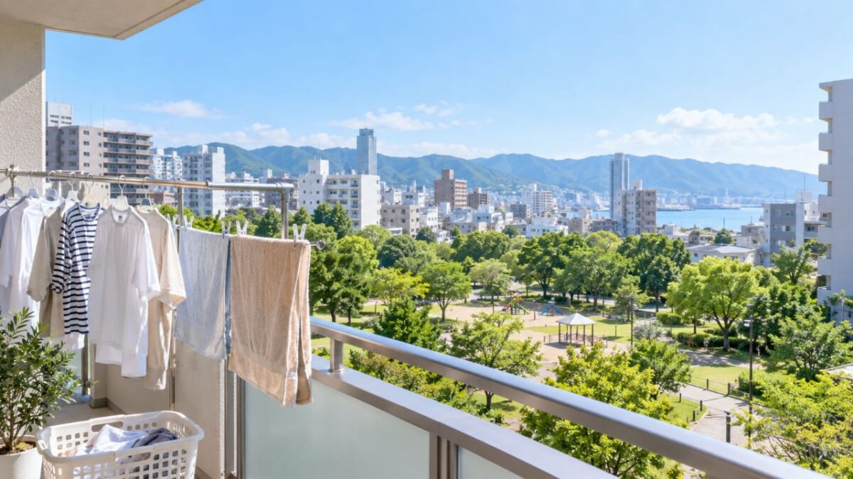 晴れた街を望む洗濯物のあるベランダ