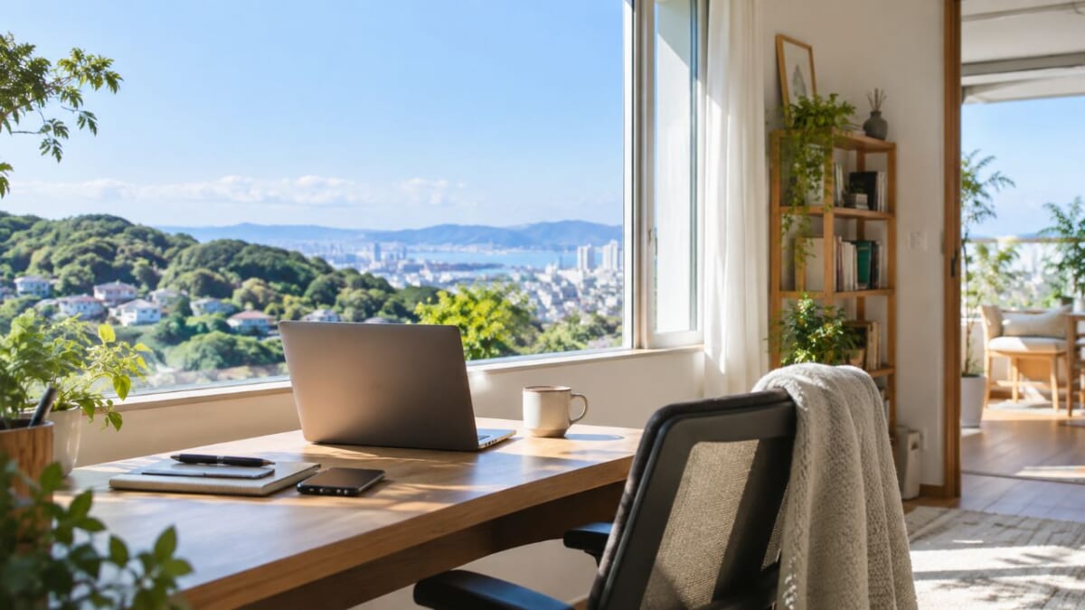 景色を望む明るいホームオフィス