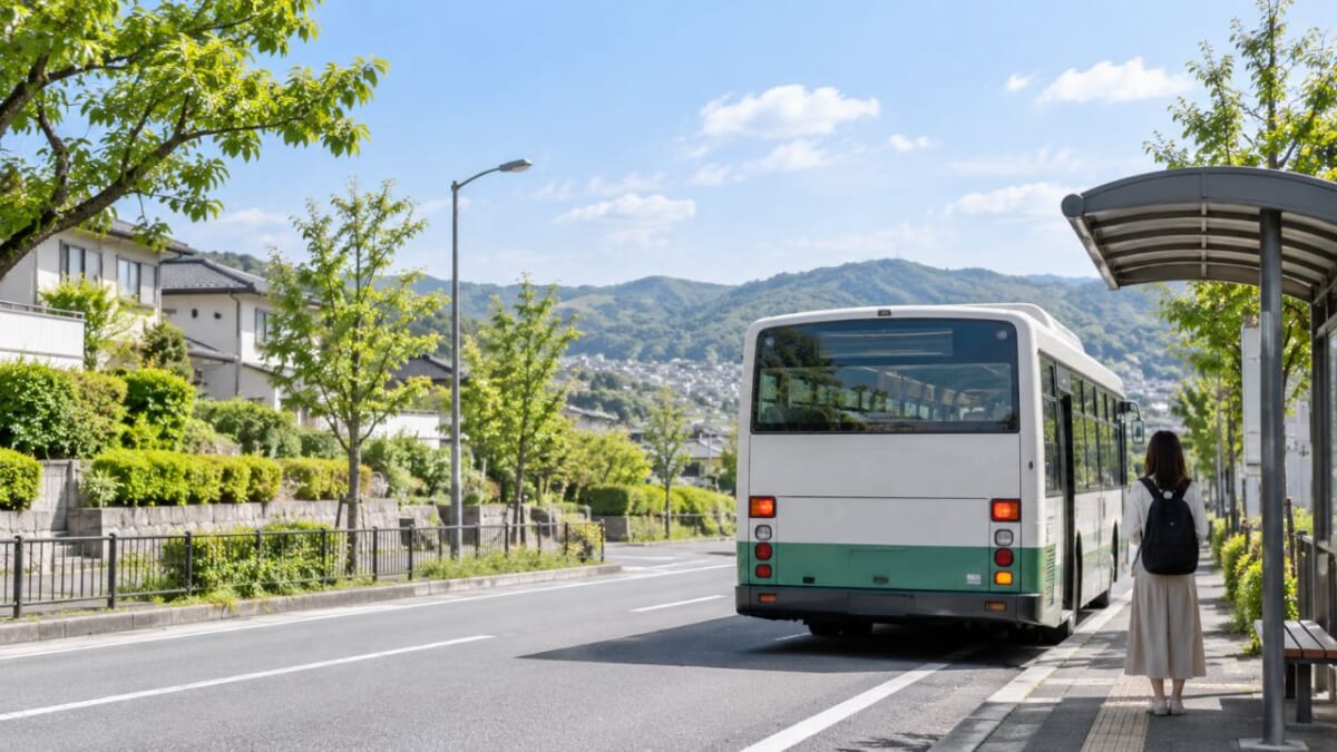 緑豊かな丘陵住宅街のバス停
