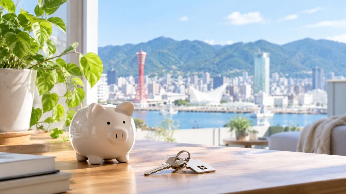 港と山を望む窓辺の貯金箱